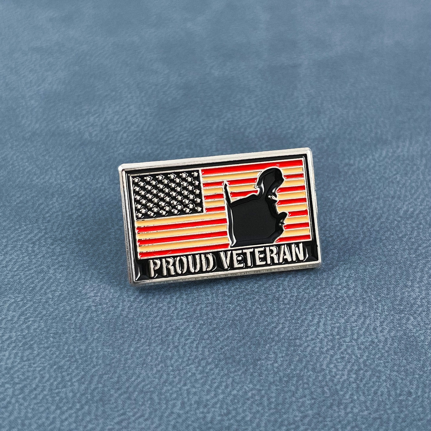 Silver Proud Veteran Silhouete Flag Pin
