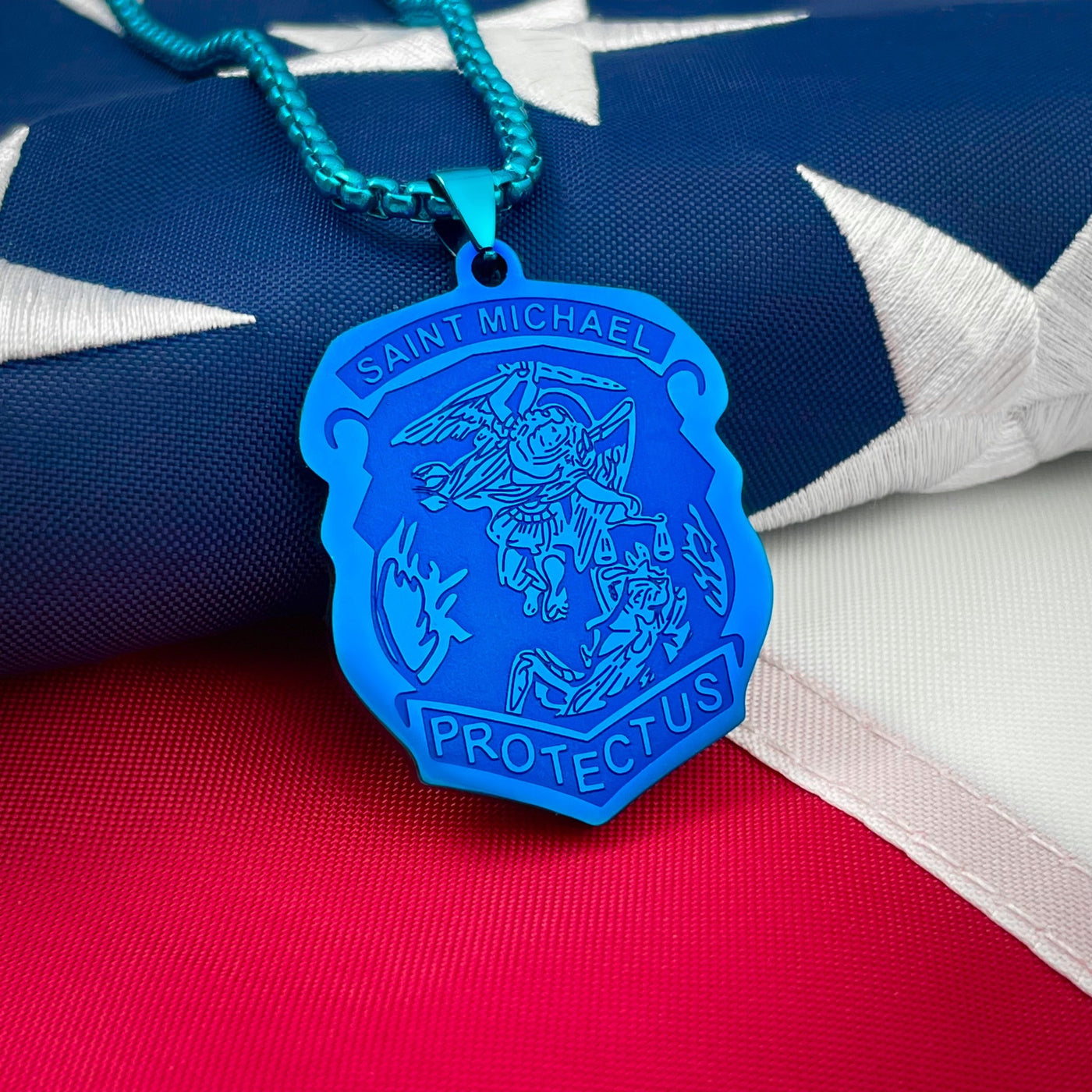 Saint Michael Badge Necklace-Blue