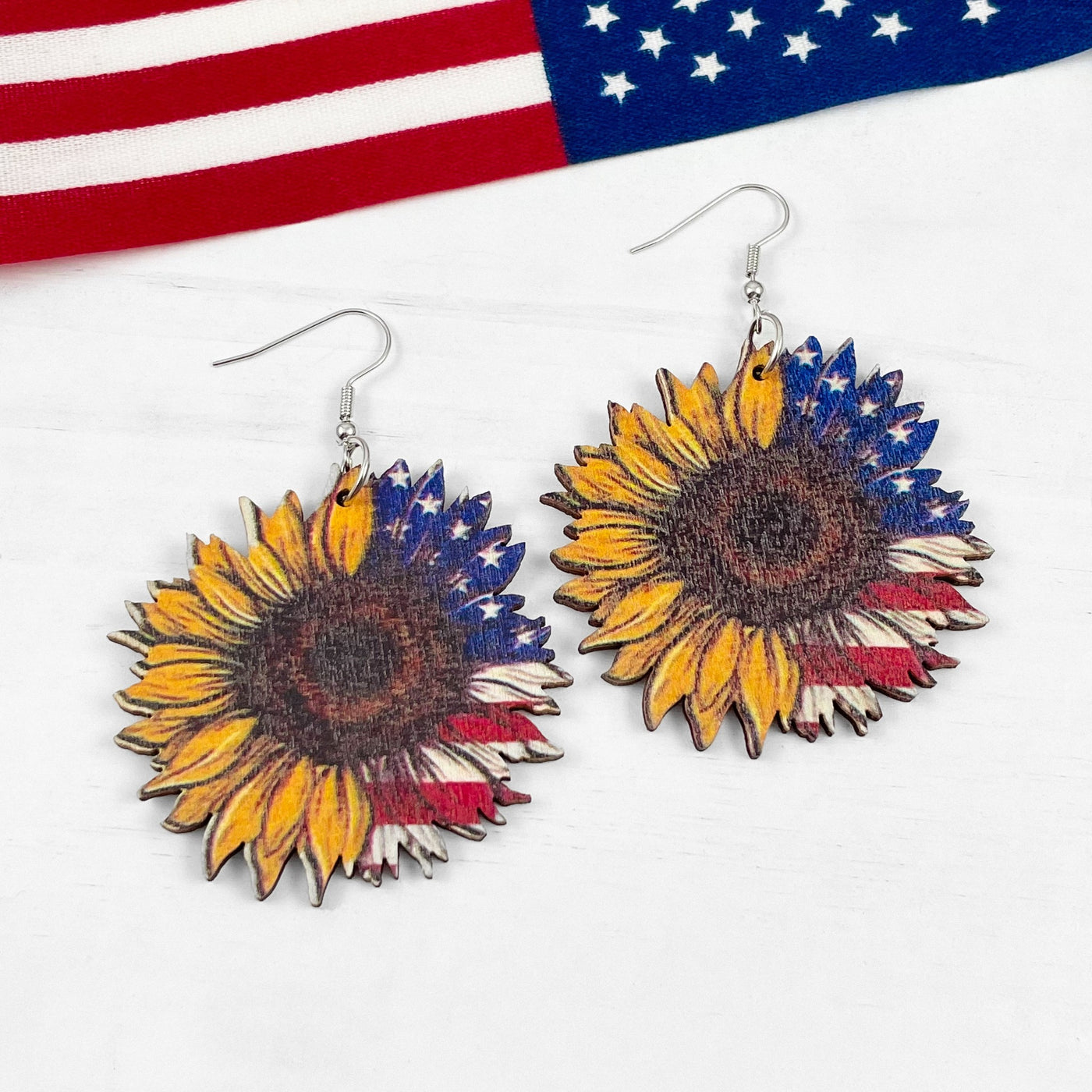 Wooden American Sunflower Earrings